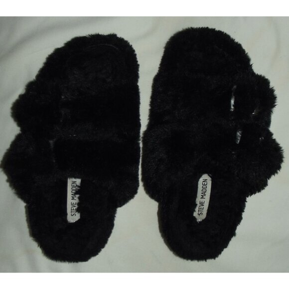 Steve Madden Slippers Womens Size 8 Black Faux Fur Fuzzy Slide House Shoes - Picture 4 of 12